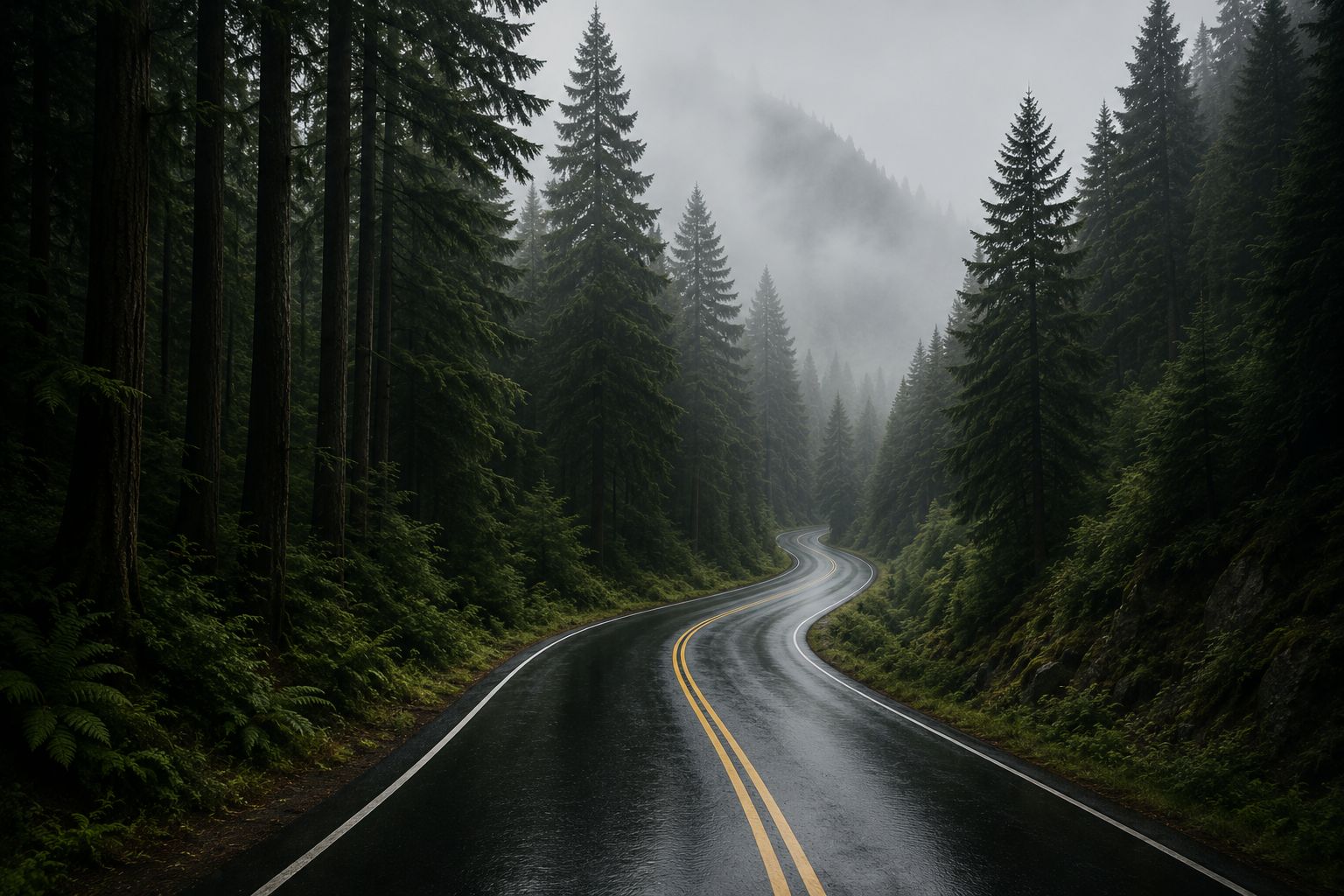 Wooden bridge through a misty forest